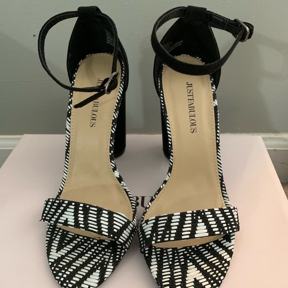 Black and White Ankle Strap Block Heel - Picture 2 of 3